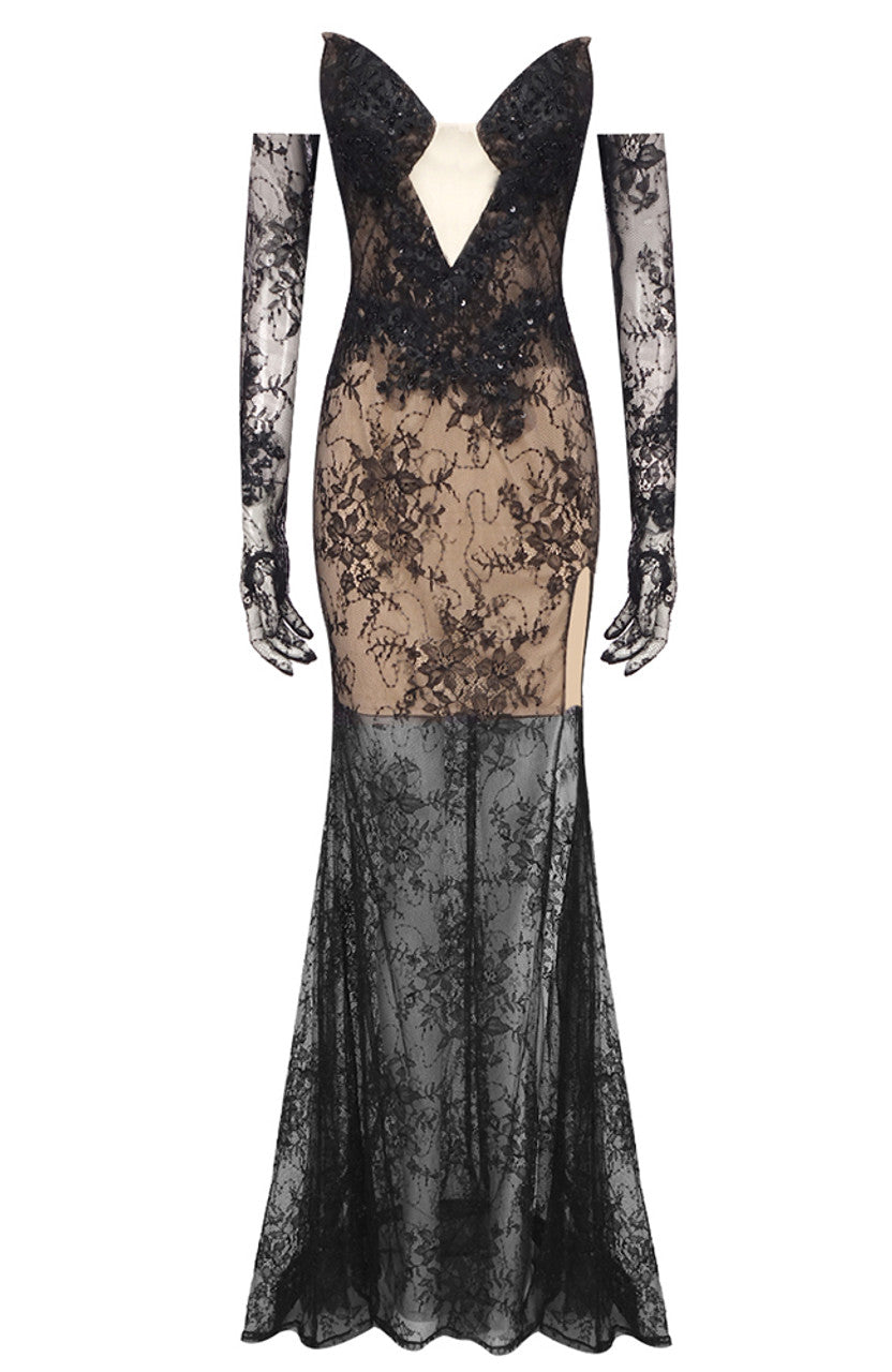 Black Tube Top Lace Sequin Mesh Maxi Dress