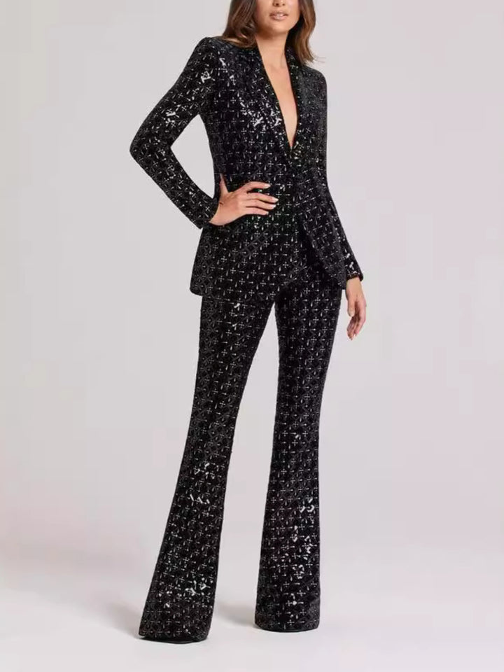 Rachel Black Sequined Deep V-neck Jumpsuit