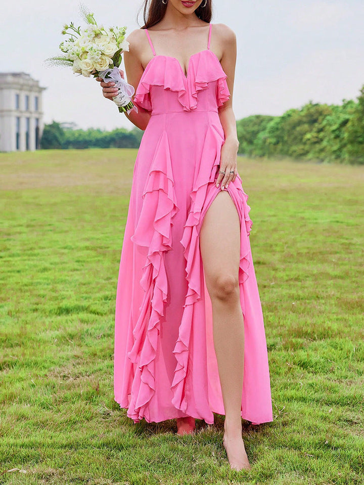 Chiffon Pleated Floral Open Back Cross-strap Evening Dress