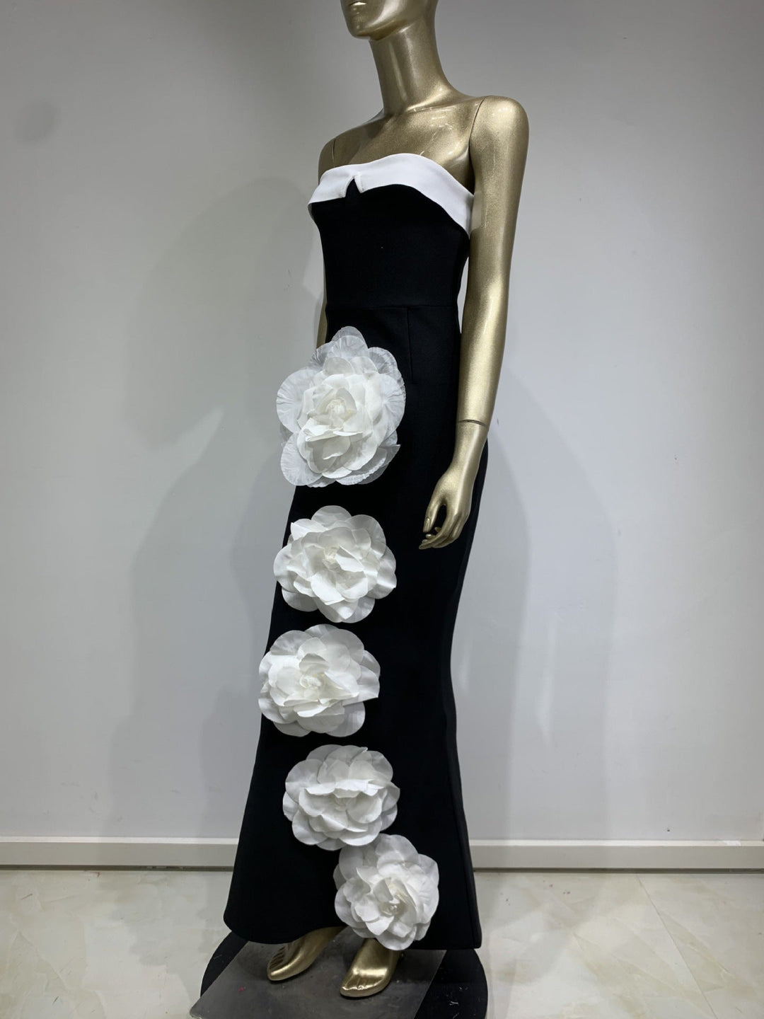 Retro Tube Top Black White Stitching Big Flower Party Dress