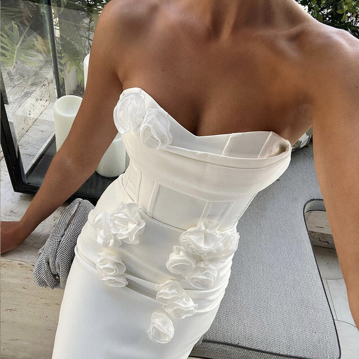 White Bandage Tuxedo Tube Top Applique Party Dress