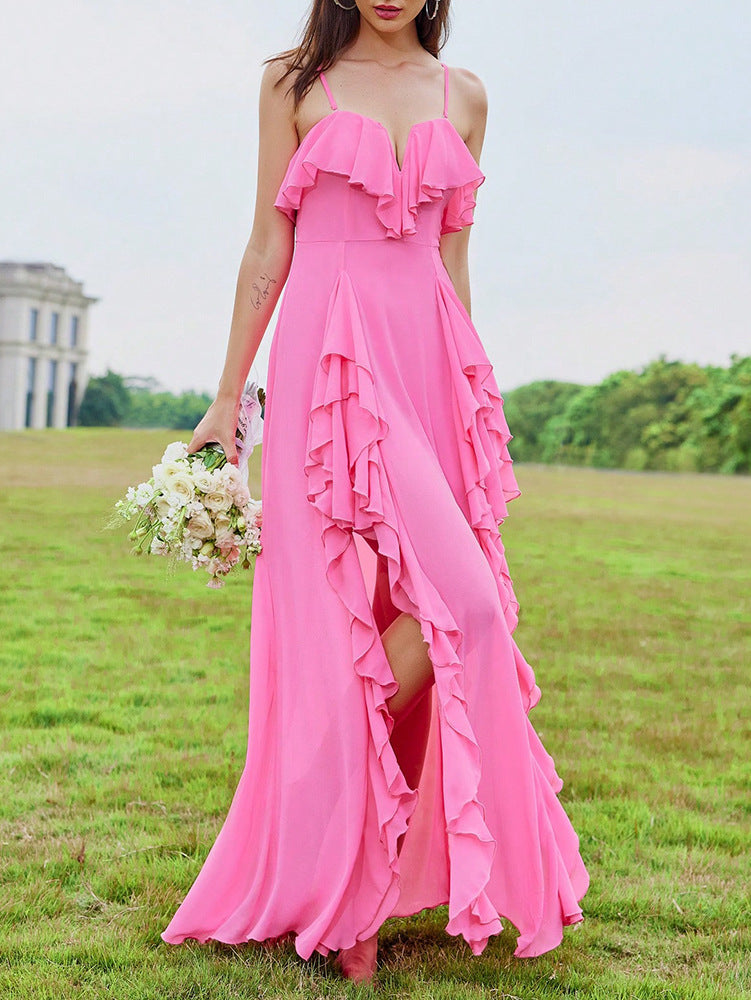 Chiffon Pleated Floral Open Back Cross-strap Evening Dress