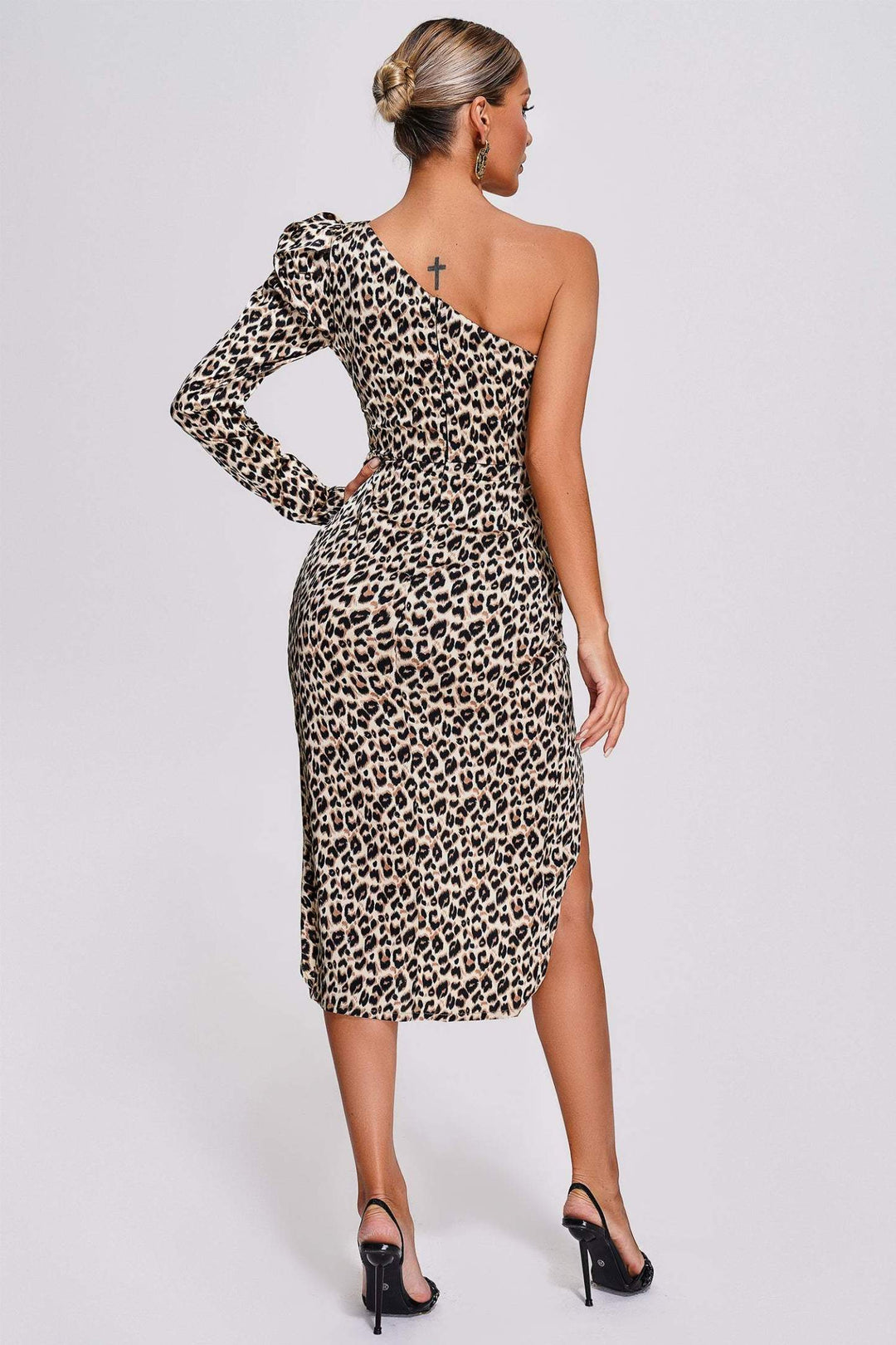 Leopard Print Slanted Shoulder Midi Dress