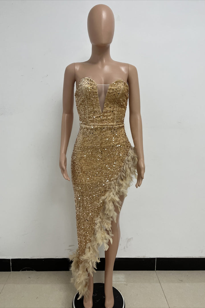 Kira Champagne Sequin Feather Dress