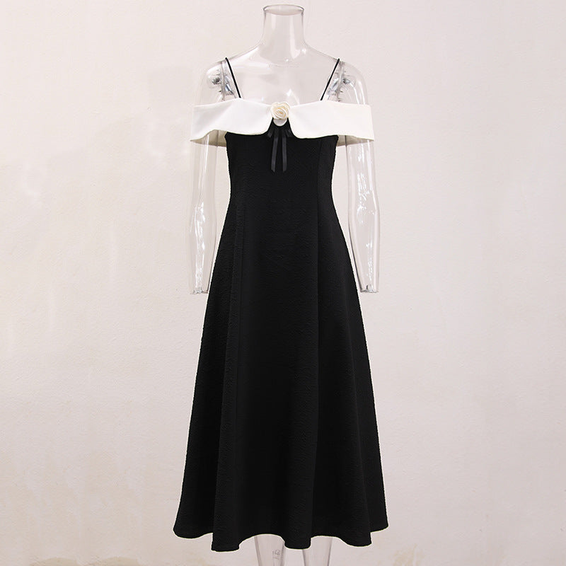 Textured Pleated Suspender Colorblock Elegant Dress