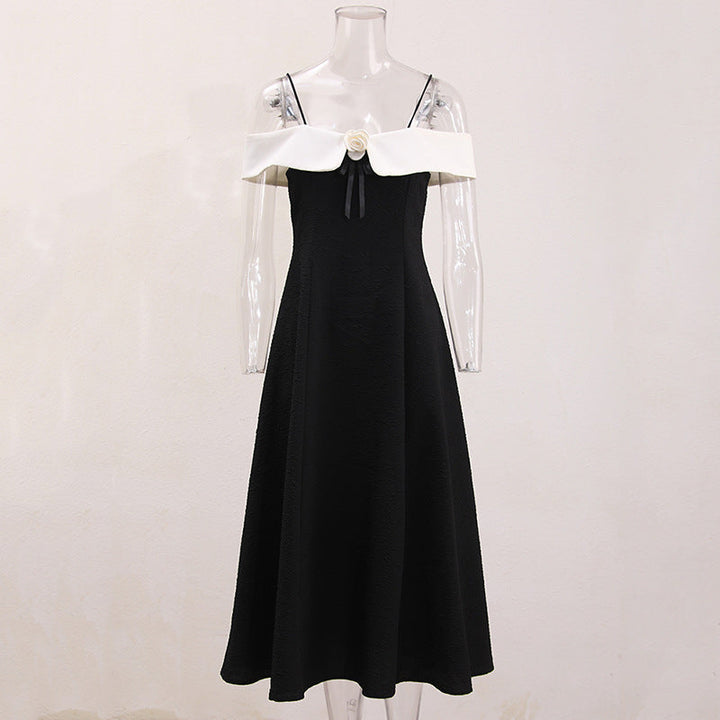 Textured Pleated Suspender Colorblock Elegant Dress