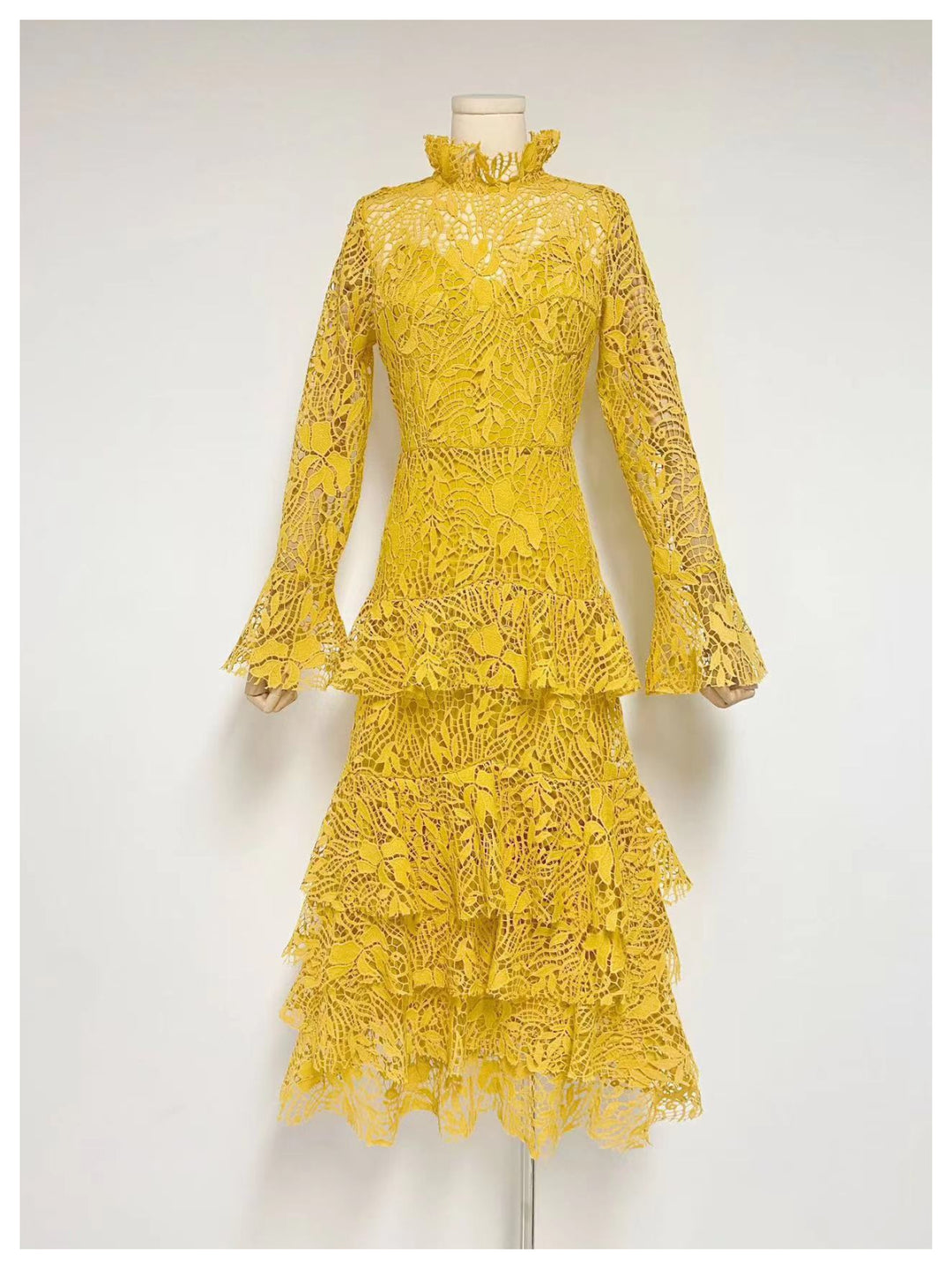 Emma Yellow Elegant Lace With Bell Sleeves Dress