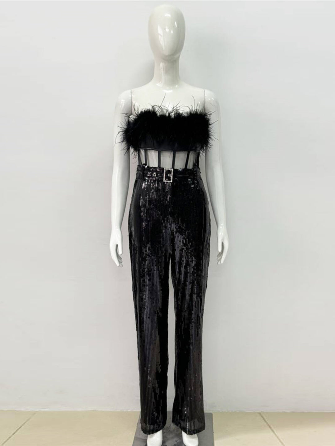 Feather Mesh Tube Top Sequined Jumpsuit