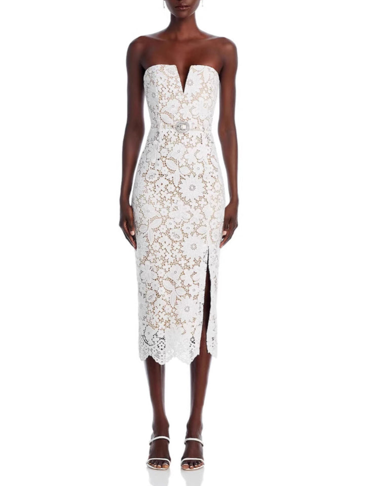 Elegant Tube Top White Lace Midi Dress