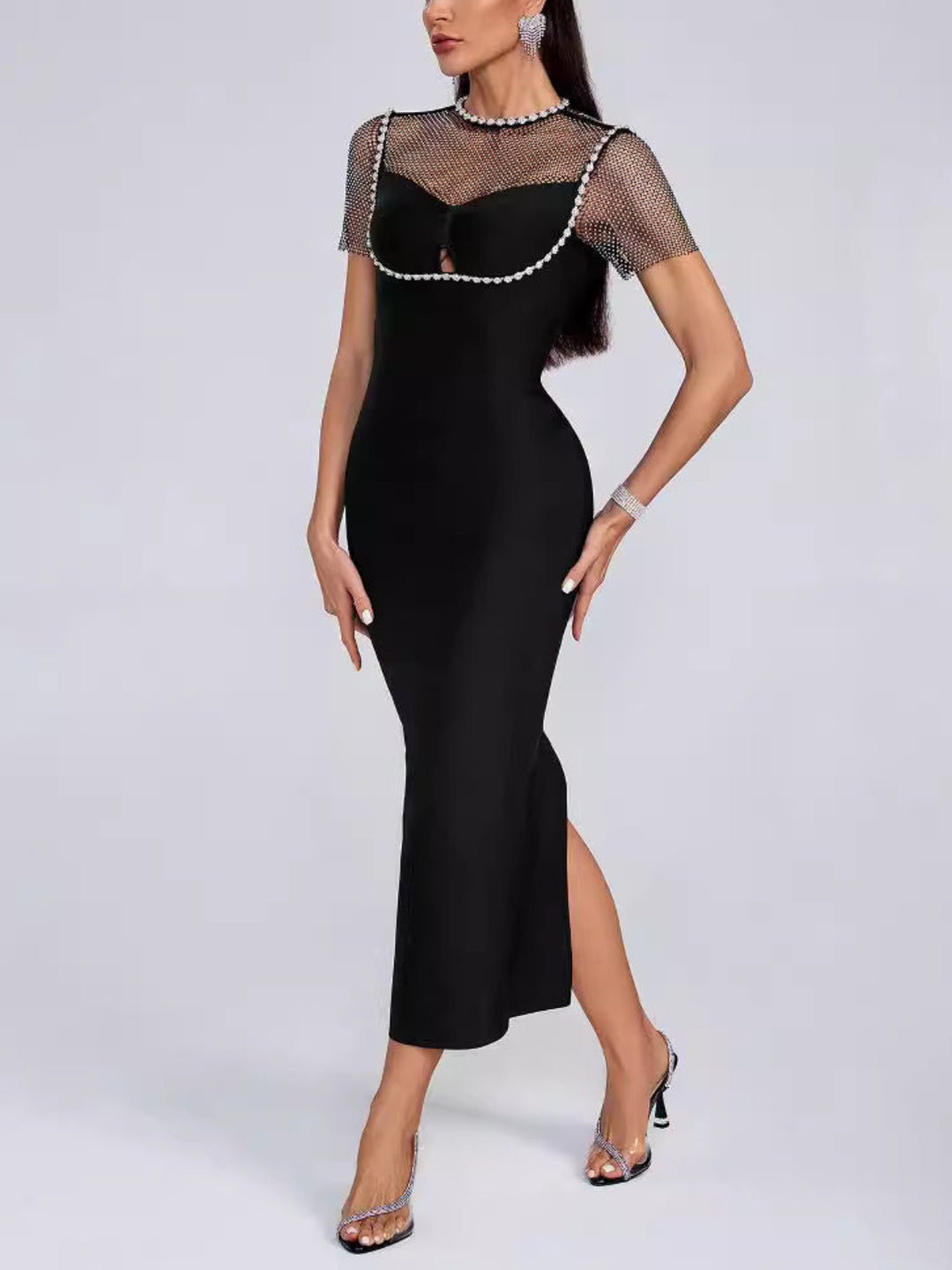 Elegant Diamond Mesh Maxi Dress