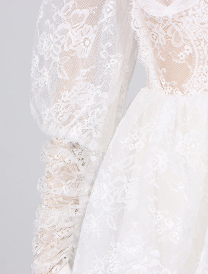 Elegant Bubble Sleeve Lace Mid-length Dress