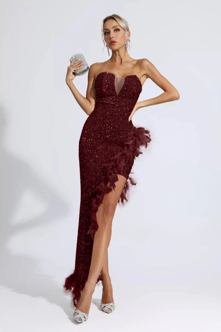 Elegant Tube Top Sequined Feather Maxi Dress