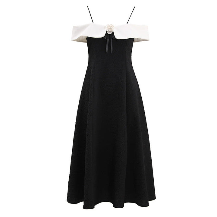 Textured Pleated Suspender Colorblock Elegant Dress