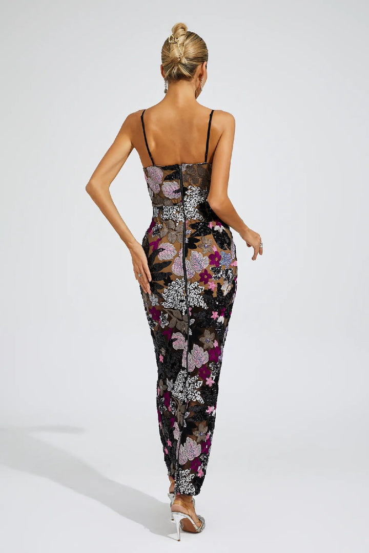 Elegant Embroidered Print Sequin Maxi Dress