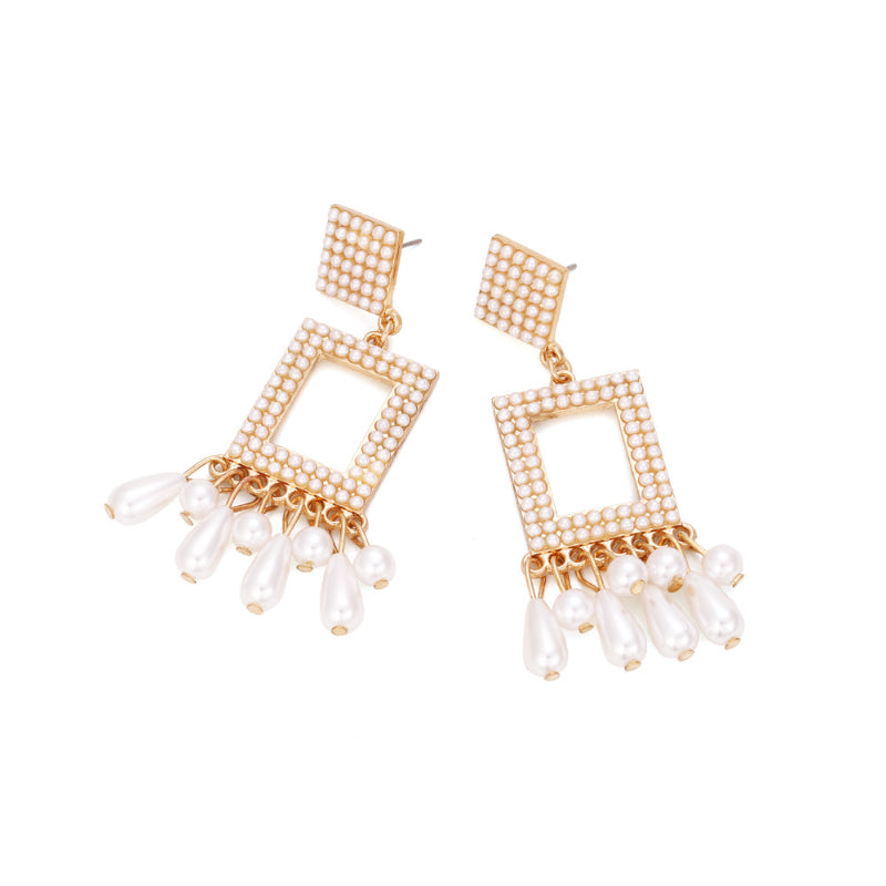 Pearl Fringed Geometric Earrings