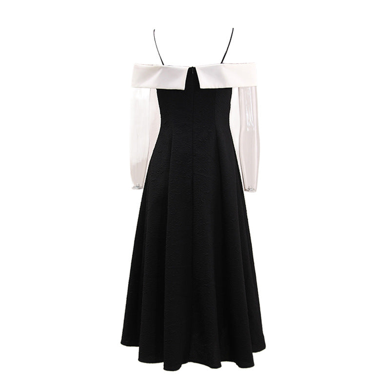 Textured Pleated Suspender Colorblock Elegant Dress