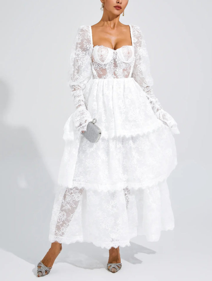 Elegant Bubble Sleeve Lace Mid-length Dress