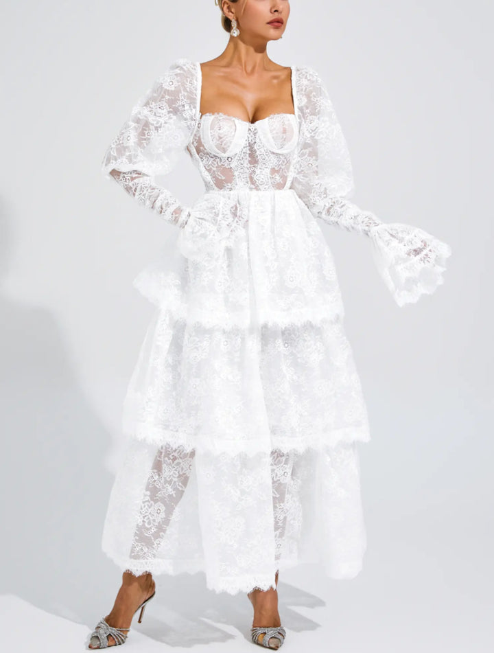 Elegant Bubble Sleeve Lace Mid-length Dress