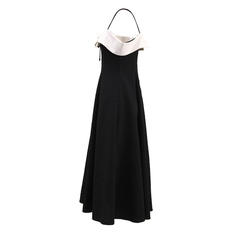 Textured Pleated Suspender Colorblock Elegant Dress