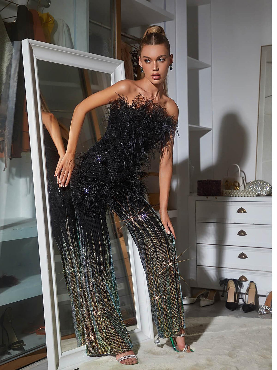 Fashion Feather Tube Top Sequined Jumpsuit