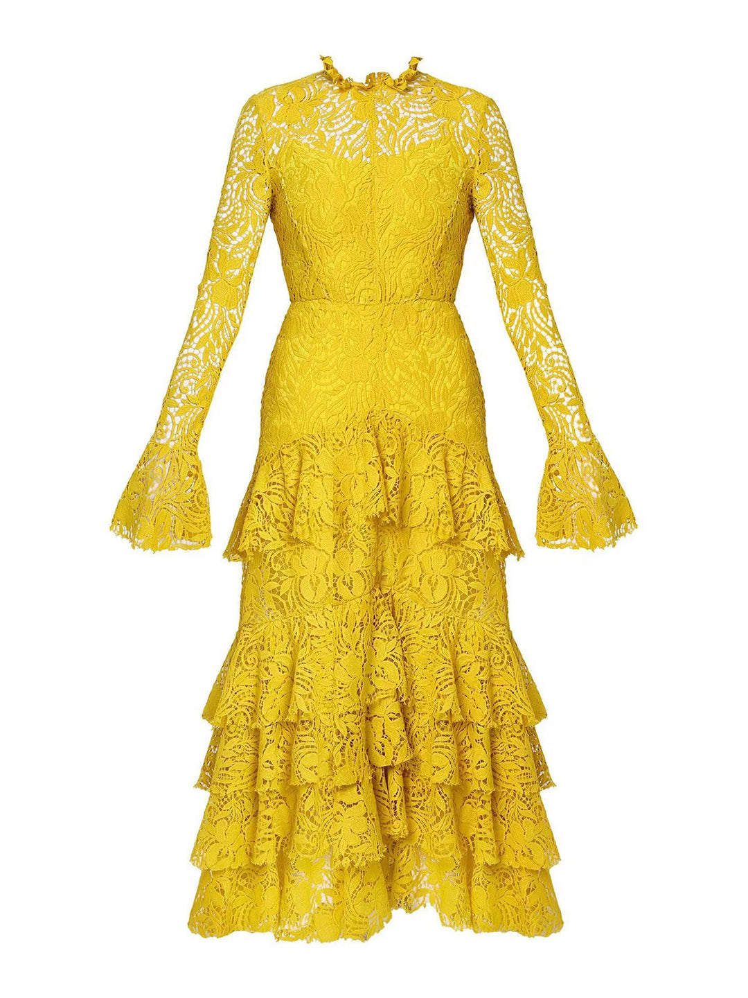 Emma Yellow Elegant Lace With Bell Sleeves Dress