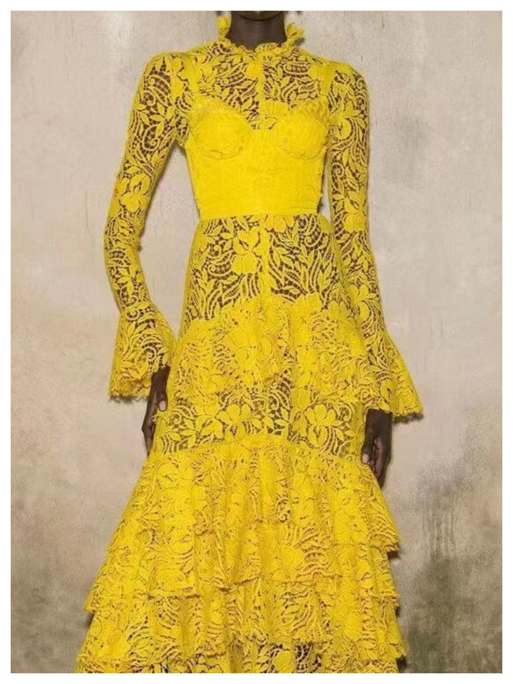 Emma Yellow Elegant Lace With Bell Sleeves Dress