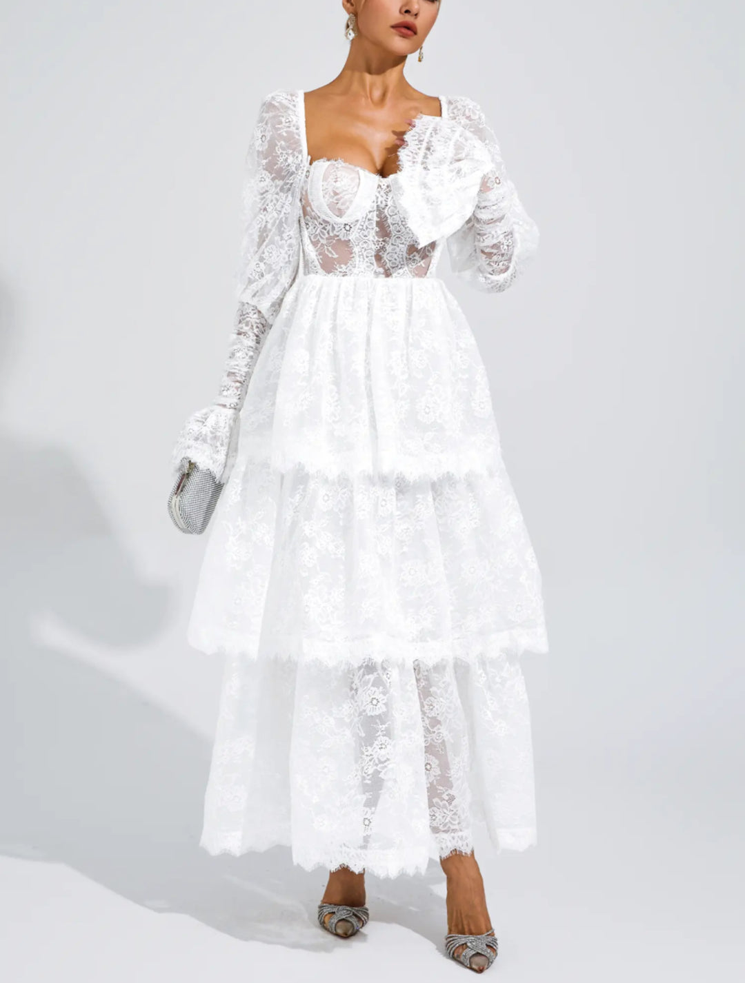 Elegant Bubble Sleeve Lace Mid-length Dress