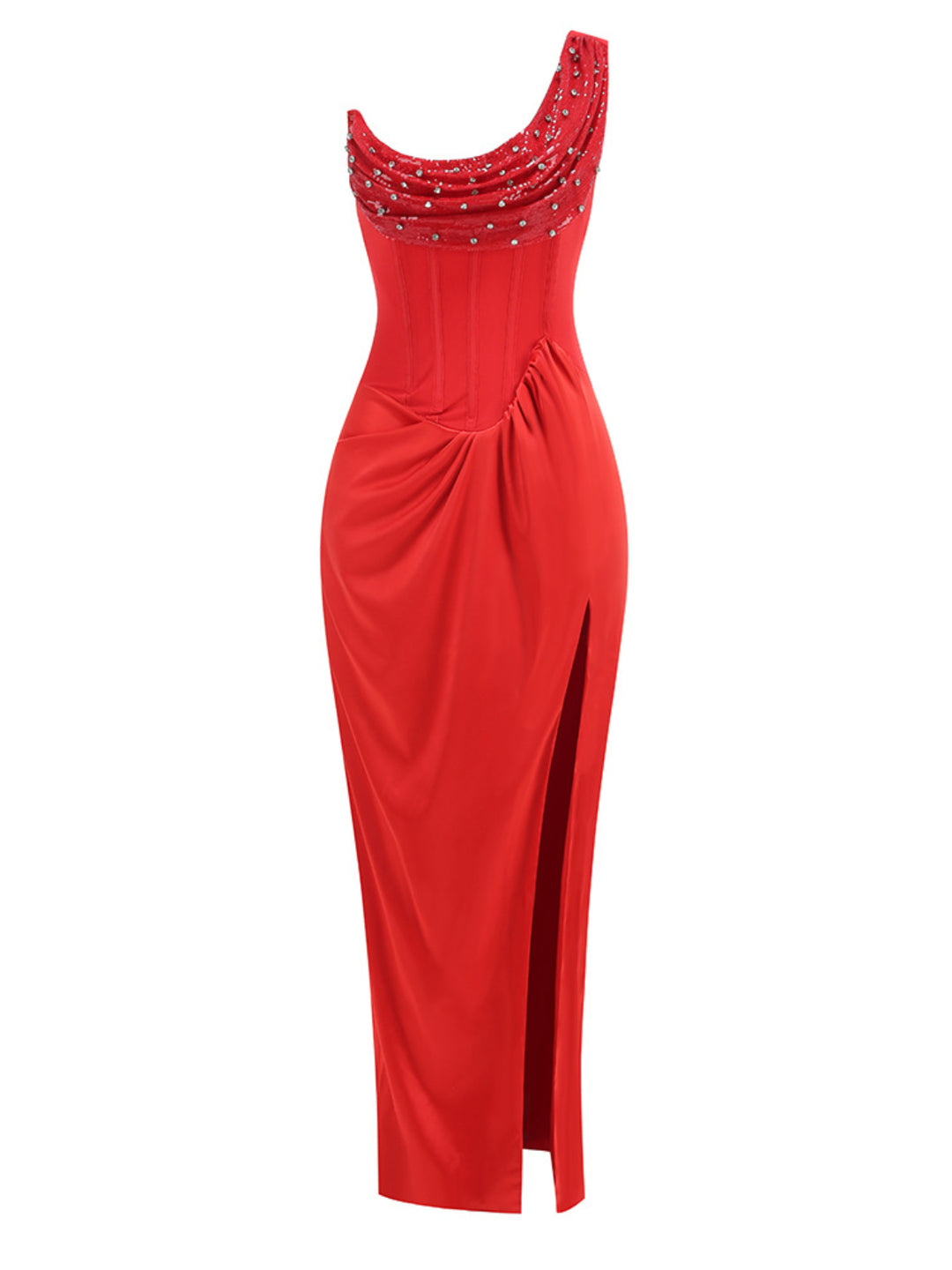 Scarlett Red Beaded Off-Shoulder Maxi Dress