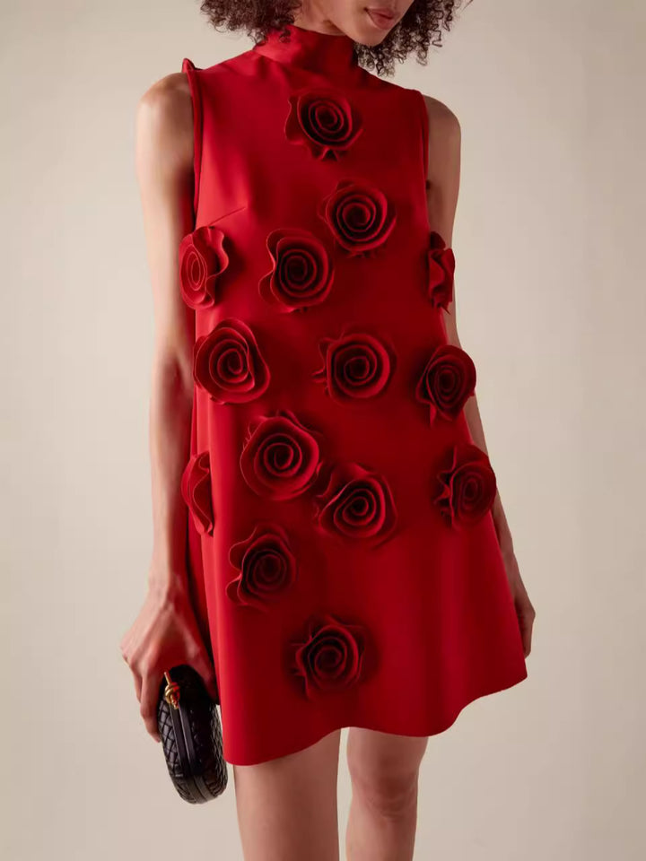 Grace Red 3D Floral Sleeveless Mini Dress