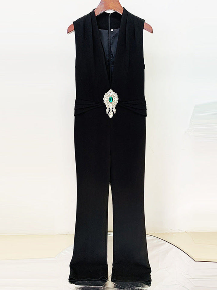 Simple Diamond-encrusted Sleeveless Jumpsuit