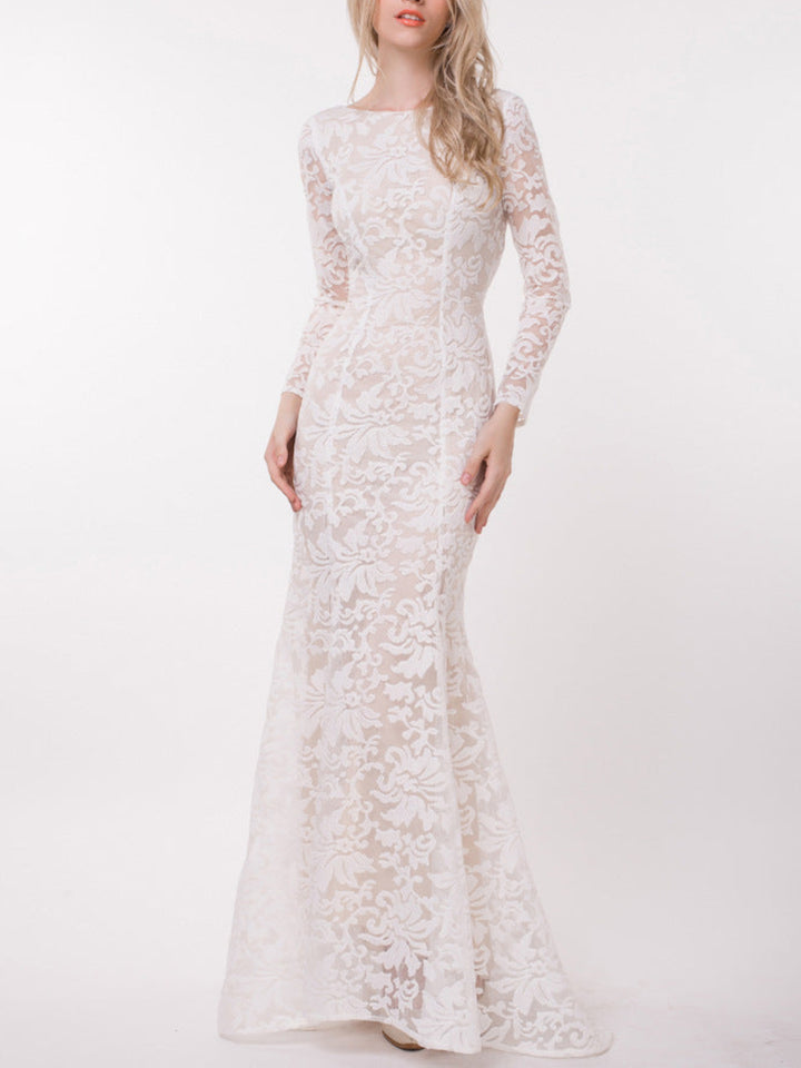 Elegant Backless Lace Long-sleeved Dress