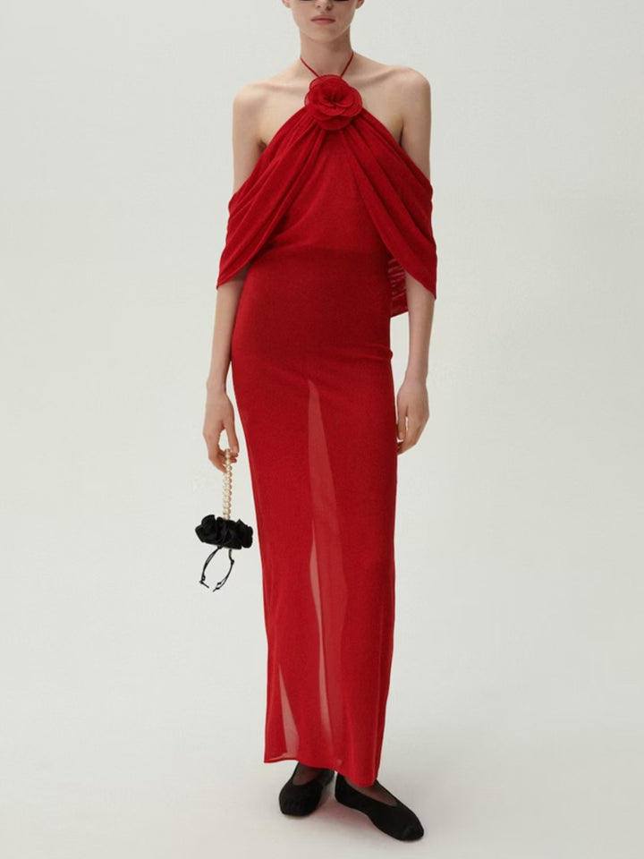 Emma Red Halter Neck Ruched  Maxi Dress