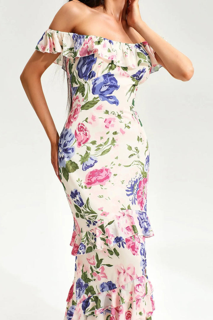 Floral Tiered Ruffle Hem Fishtail Maxi Dress