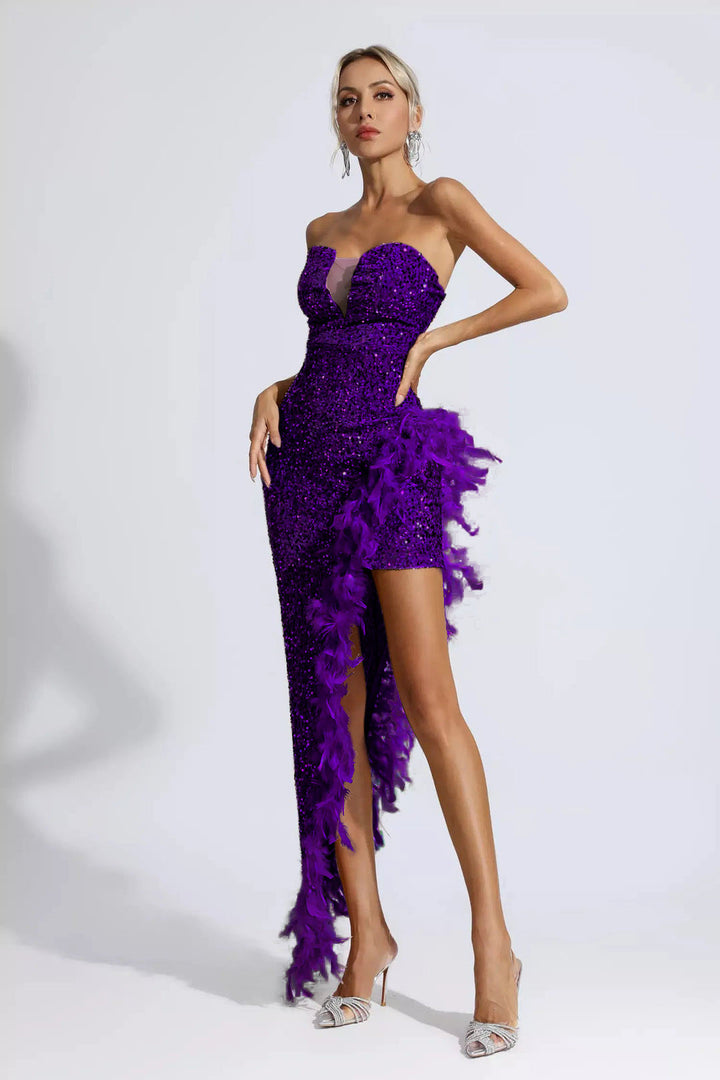 Elegant Tube Top Sequined Feather Maxi Dress