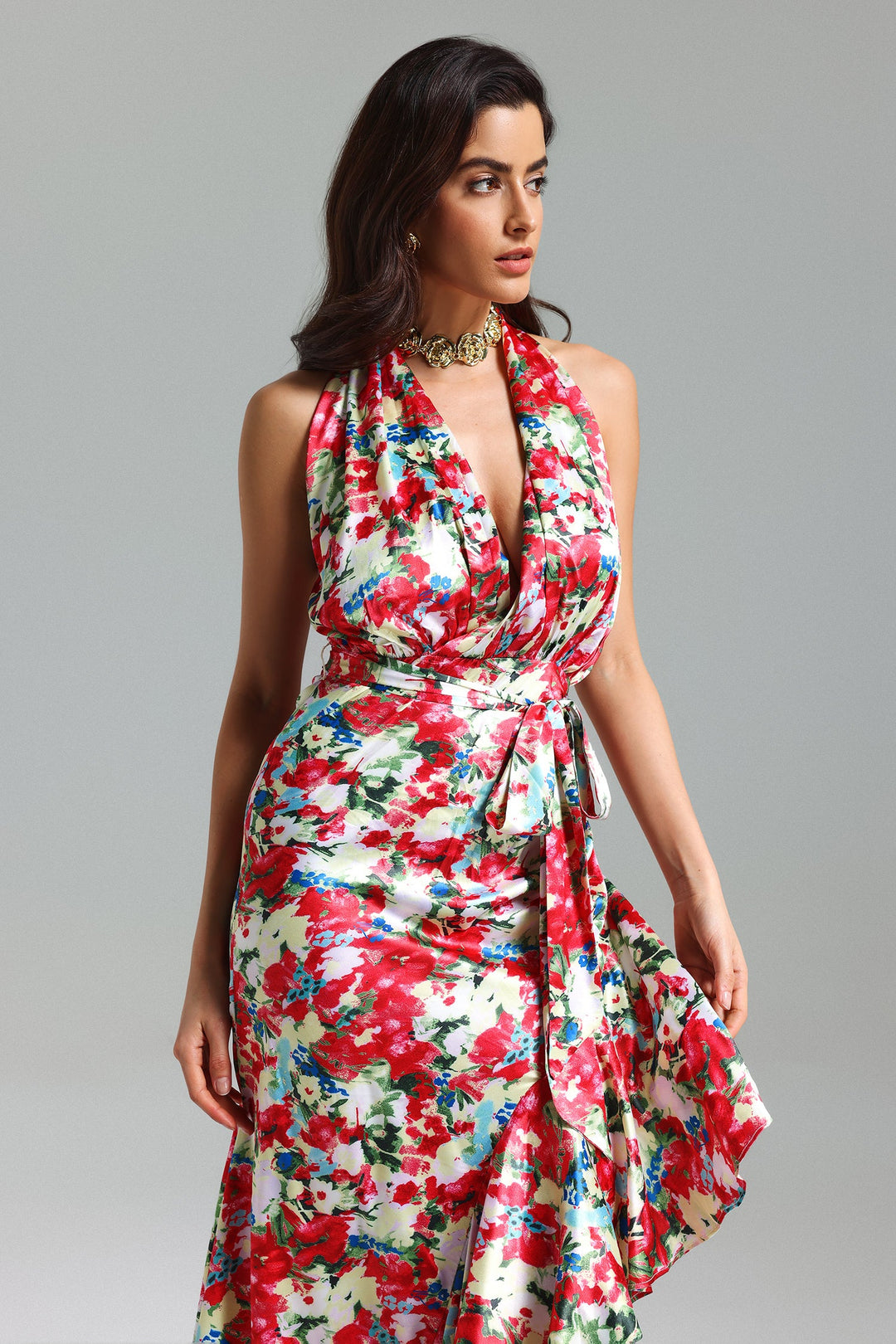 Unica Flower Printed Halter Ruffled Dress