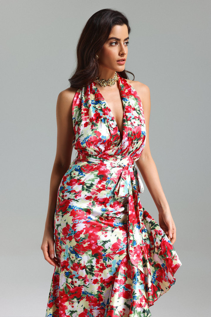 Unica Flower Printed Halter Ruffled Dress