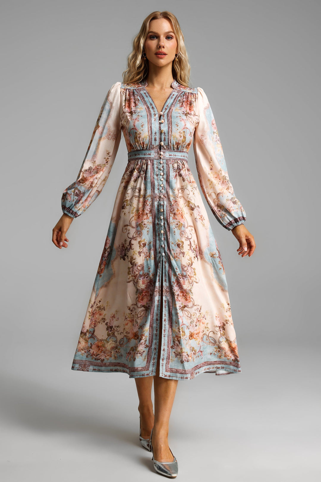 Floral Button Long Sleeve Midi Dress