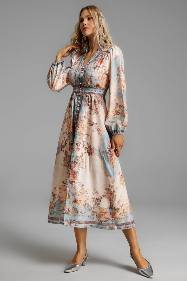 Floral Button Long Sleeve Midi Dress