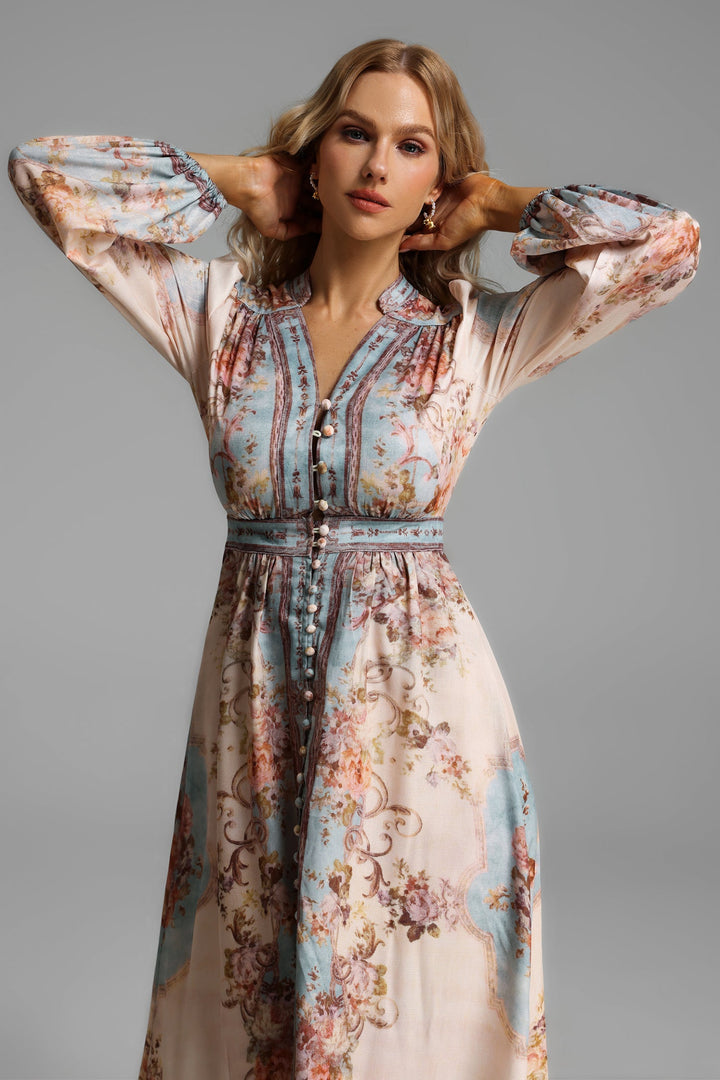 Floral Button Long Sleeve Midi Dress