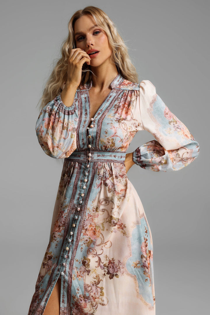 Floral Button Long Sleeve Midi Dress