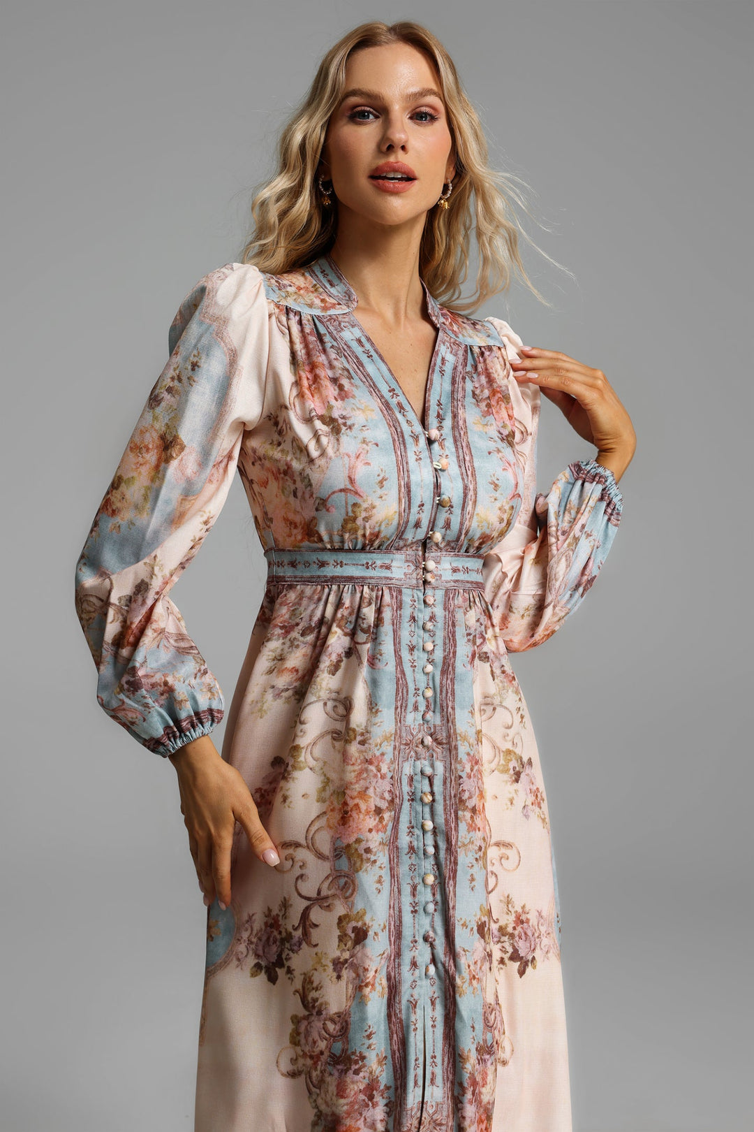 Floral Button Long Sleeve Midi Dress