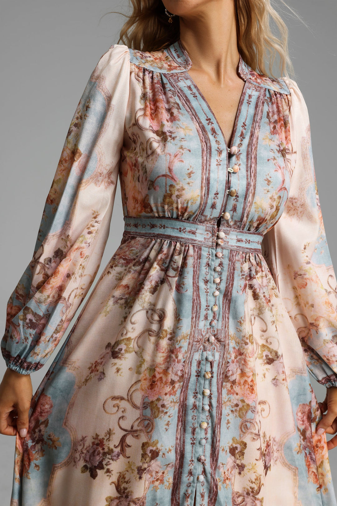 Floral Button Long Sleeve Midi Dress