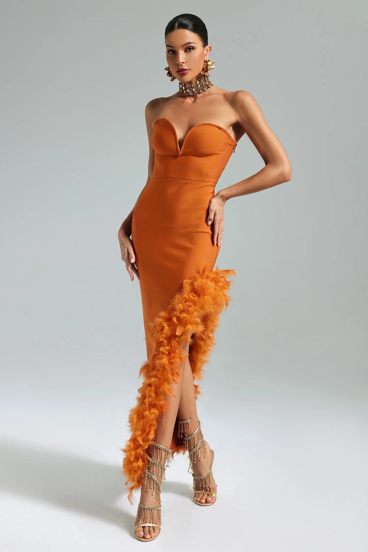 Manik Feather Skew Hem Bandage Dress