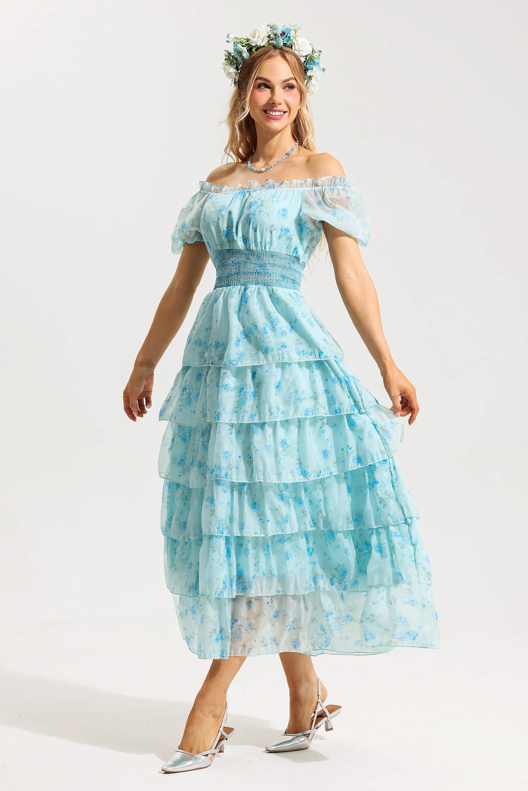 Floral Ruffle Pleated Off-Shoulder Midi Dress Blue