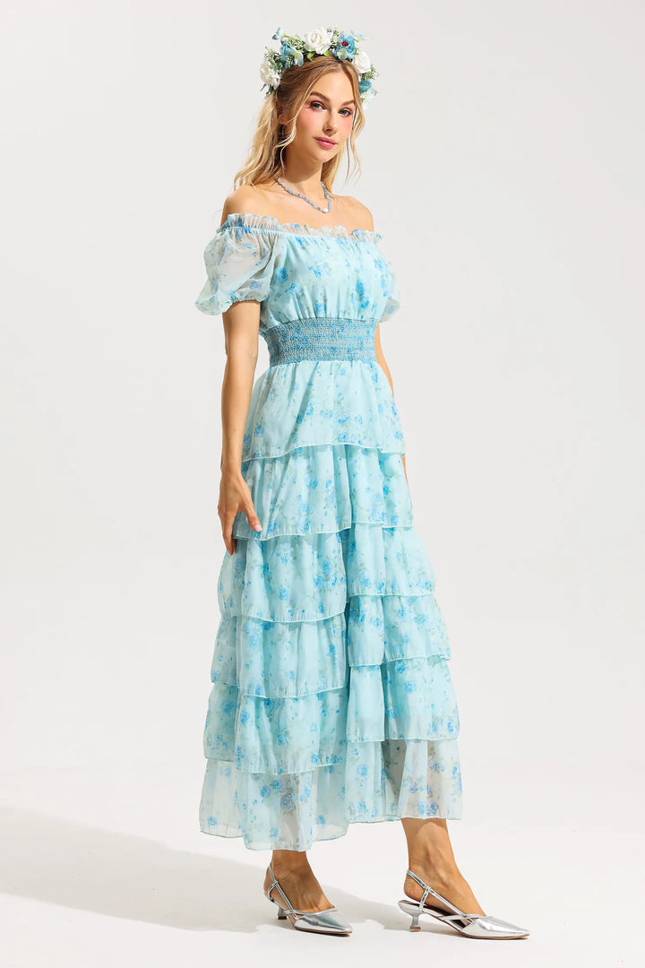 Floral Ruffle Pleated Off-Shoulder Midi Dress Blue