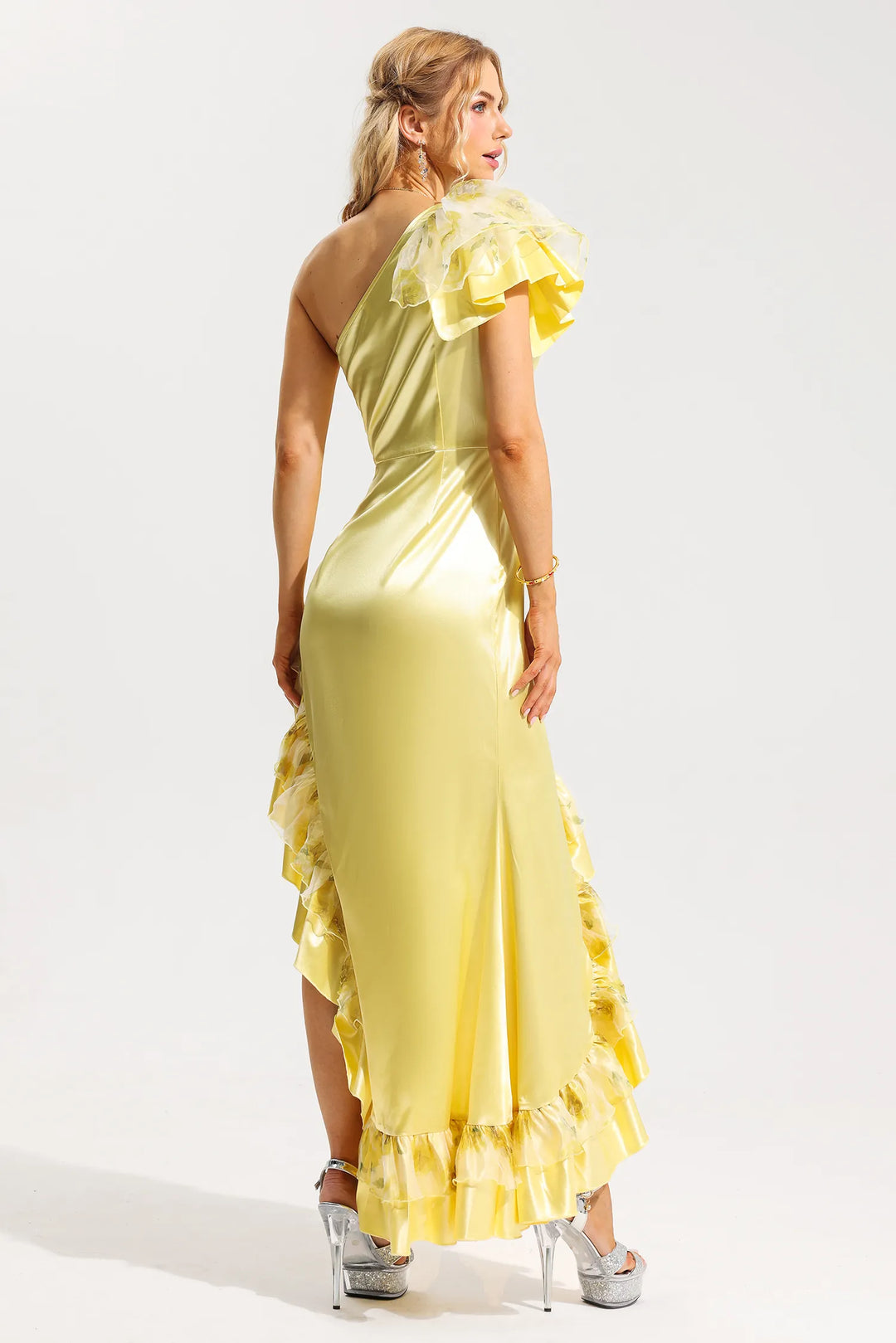 Satin One-Shoulder Frill Maxi Dress