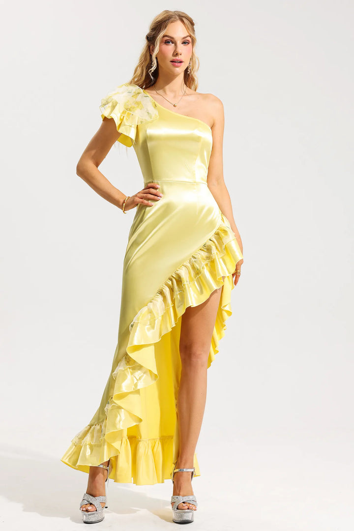 Satin One-Shoulder Frill Maxi Dress