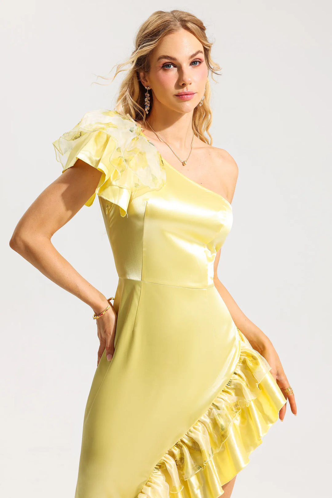 Satin One-Shoulder Frill Maxi Dress