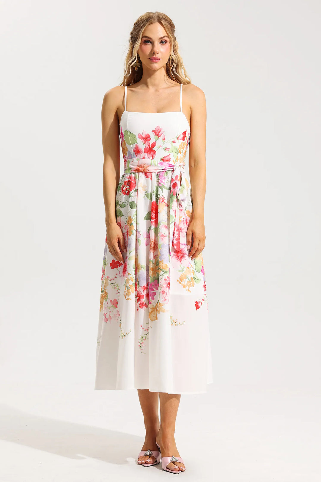 Floral Sleeveless Midi Dress With Belt