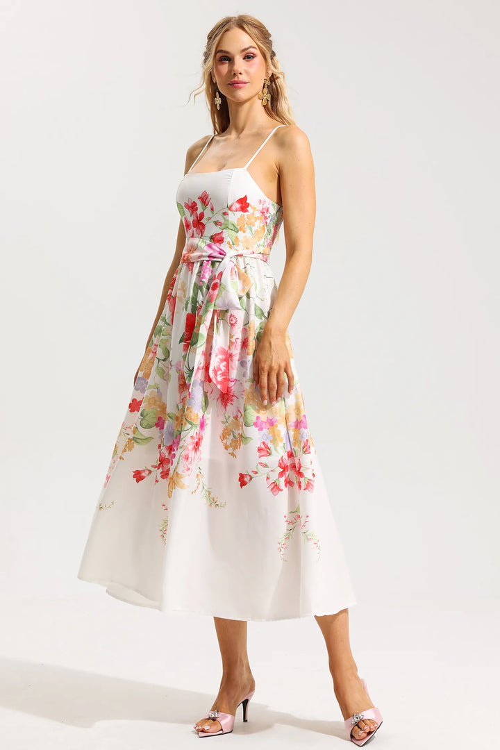 Floral Sleeveless Midi Dress With Belt